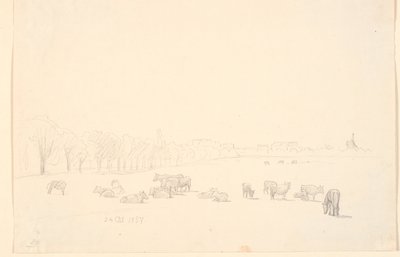Vacas no campo, ao fundo Tagens Mølle de P.C. Skovgaard