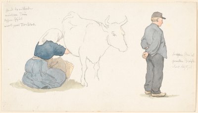 Revista de estudo com menina ordenhando uma vaca, t.h. agricultor em pé. de P.C. Skovgaard