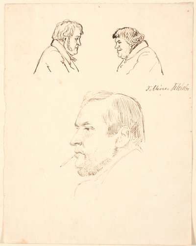 Duas cabeças masculinas ligeiramente caricaturadas de perfil e abaixo um retrato masculino de perfil à esquerda. de P.C. Skovgaard