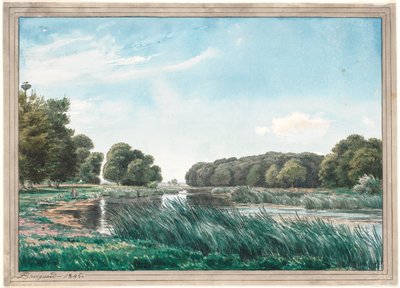 Paisagem arborizada com um lago e três crianças em pé e pescando. de P.C. Skovgaard