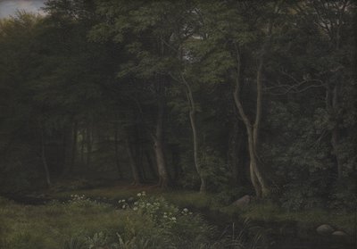 Crepúsculo em uma floresta perto de Iselingen Manor, Zelândia de P.C. Skovgaard