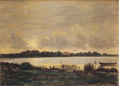 Vista através do Præstø Fiord em direção à mansão de Nysø de P.C. Skovgaard
