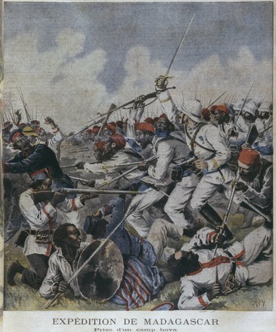 Expedição de Madagascar, tomada de um acampamento de hova, ilustração de &39;Le Petit Journal&39;, suplemento illustre, 2 de junho de 1895, gravado por Henri Meyer (1844-91) de P.H.G.V. Michel