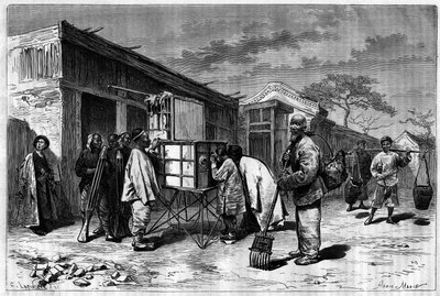 Actividade nas ruas de Pekin (Pequim), com um diorama do século XIX. Gravura a partir de um desenho de Sellier, de uma fotografia de Thomson, em "Le Tour du Monde, Nouveau journal des Voyages", editado por Edouard Charton, Paris. de P. (after) Sellier