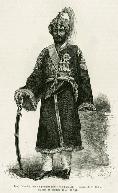 Jang Bahadur (1816-1877), Primeiro-Ministro do Nepal. Gravura de P.Sellier para ilustrar a história Voyage au Nepal, do Dr. Gustave Le Bon (1841-1931), em le tour du monde 1886, dirigido por Edouard Charton (1807-1890), Hachette, Paris. de P. (after) Sellier