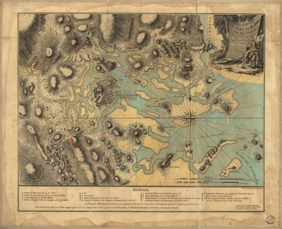 22,000. Colorido à mão. Alívio mostrado por hachuras. Profundidades mostradas por sondagens. Cette carte à été copié sur un plan original apporté à la cour d