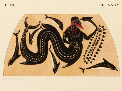 Impressão da Decoração numa Ânfora Grega, mostrando Poseidon acompanhado por Golfinhos, c. 1858 (aguarela e cor de corpo sobre litho em papel tecido) de P. Bineteau