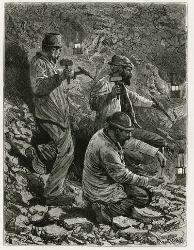 Mineiros a extrair carvão para a veia. Gravura de Ferat, para ilustrar a história "Bélgica", de Camille Lemonnier (1844-1913) escritor belga. Publicado em Le Tour du monde, nouveau journal des voyages, 2º semestre de 1884, editado por Edouard Charton (1807 de P. Ferat