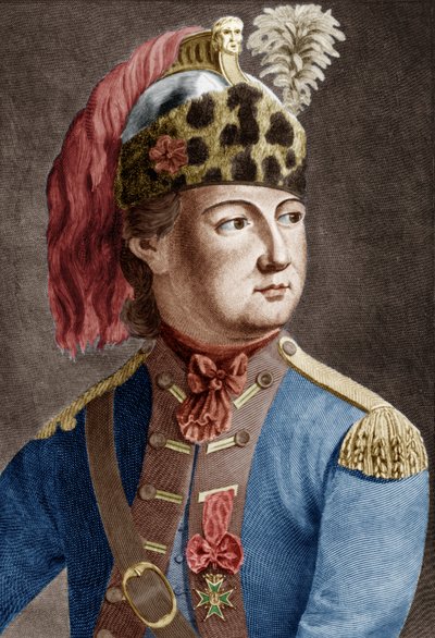 Cavaleiro de Eon (1728-1810), agente secreto francês do rei, costumava travestir, gravando documento colorido de P. Jean Baptiste Bradel
