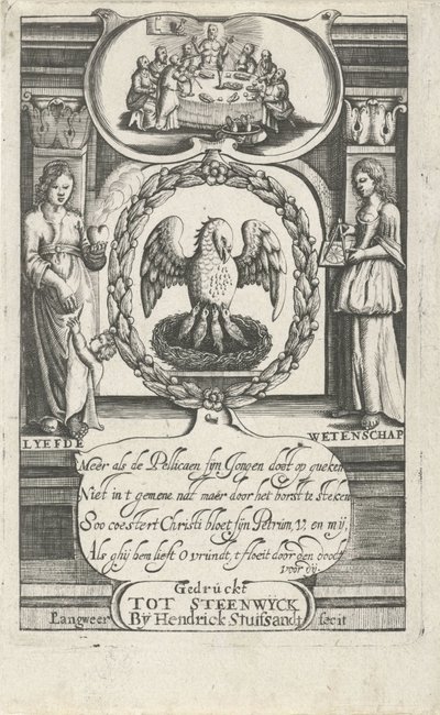 Pelicano alimentando as suas crias com o seu próprio sangue
Página de título para: D. van Baardt, Tapytje der geestelilijcke ende wereldtlijcke heerscherschage, 1661 de P. Langweer