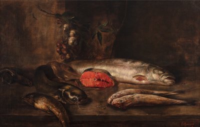 Natureza-morta de peixes com carpa, peixe-gato, salmão, salmão vermelho, enguias e linguado sobre uma mesa com alho e chalotas pendurados, peixe morto, c.1775-1800 (óleo sobre tela) de P. Romney