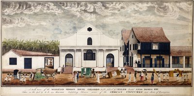 Uma vista sul da casa da missão Wesleyana, Colombo, na ilha do Ceilão, erguida Anno Domini 1816, c.1816 (aquarela) de P. van Houten