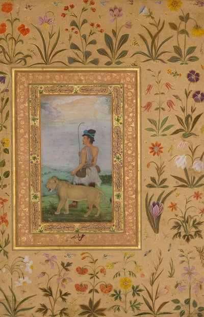 Dervish With a Lion, Folio do álbum Shah Jahan, verso: ca. 1630, reto: ca. 1500. de Padarath