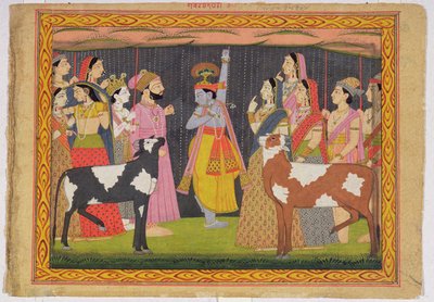 Krishna levantando o Monte Govardhana, do Bhagavata Purana, Kulu, Himachal Pradesh, 1749 de Pahari School