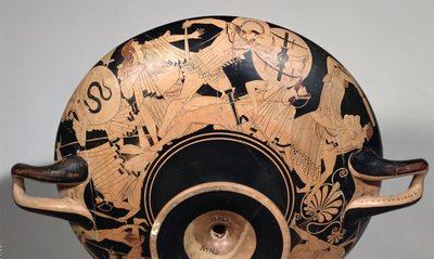 Detalhe de uma taça de sótão com figuras vermelhas representando cenas da Guerra de Tróia, c.490 BC (cerâmica) (ver 92562 & 211797 para interior) de Painter Brygos