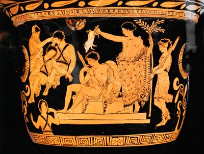 Cratera sinoidal de figuras vermelhas da Apúlia: Apolo purifica Orestes com o sangue de um leitão ... de Painter Eumenides