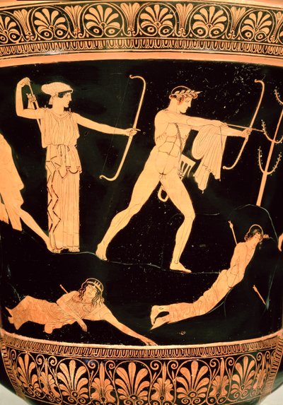 The Death of the Niobids, detalhe de um sótão calyx-krater, c.450 BC (olaria) (detalhe de 19106, ver também 92576) de Painter Niobid