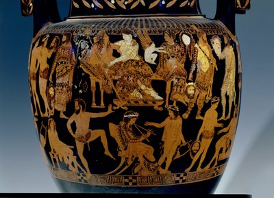 Sótão vermelho-cratera, detalhe da cena dos actores e músicos que se preparam para uma actuação perante Baco e Ariadne, grego, de Ruvo, século V a.C. (cerâmica) (ver também 119444-5 de Painter Pronomos