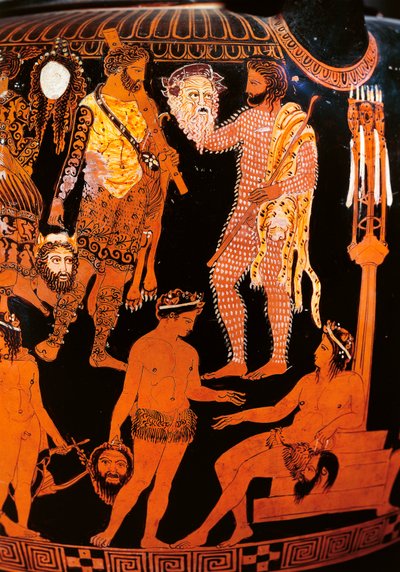 Krater de algarismos vermelhos com um ator segurando sua máscara, de Ruvo, c.410 BC (cerâmica) de Painter Pronomos