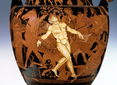 Sótão krater de algarismos vermelhos representando a morte do gigante de bronze, Talos (olaria) (detalhe de 85070) de Painter Talos