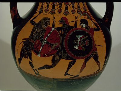 Ânfora ática de figuras negras decorada com uma cena de Heracles vestindo uma pele de leão lutando contra Cycnus, c.540 aC (cerâmica) de Painter of Berlin