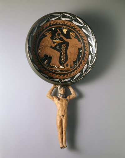 Patera de figura vermelha com cabo de Atlas, último terço do século 4 aC (cerâmica e pigmento) de Painter of Louvre