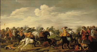 Uma escaramuça de cavalaria em uma paisagem de Palamedes Palamedesz