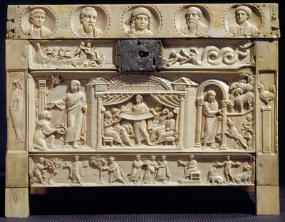 Arte Paleocreciana: Relíquia (lipsanoteca) decorativa de cenas do Antigo e do Novo Testamento em relevos inferiores. Século IV Do mosteiro de Santa Giulia, Itália. Brescia, museu cristão de Paleo Christian