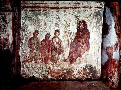Arte Paleocristã (período da Roma antiga): Moisés salva das águas do Nilo pela filha do Faraó. Fresco da Catacumbas da Via Latina em Roma. Século IV. - Arte Cristã Primitiva. Moisés resgatado das águas. Fresco, século IV d.C. Catacumba de Paleo Christian