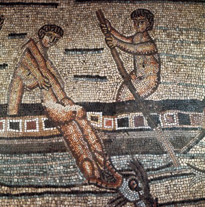 Cena da vida de Jonas representa andorinhas por um peixe Detalhe. Mosaico do século V ou VI. Cathedrale d