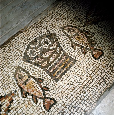 O milagre dos peixes e dos pães, mosaico do século IV ou V de Paleo Christian