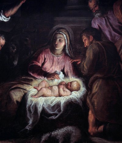 A Adoração dos Pastores Detalhe de uma pintura de Palma Giovane (1544-1628). Geneve do século XVII, Museu de Arte e História de Palma Il Giovane