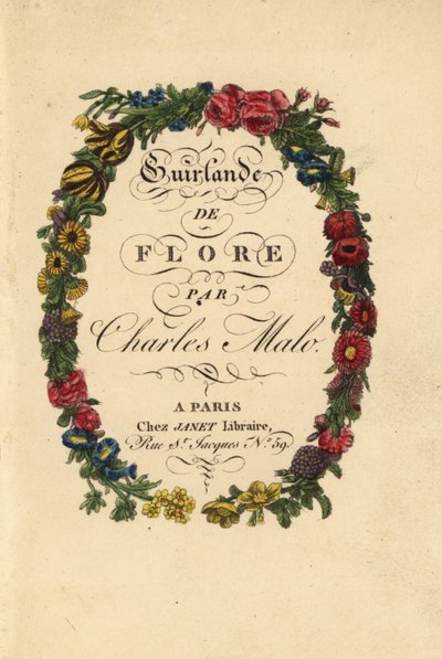 Página de título caligráfica dentro de uma coroa de flores de rosas, túlipas e outras flores de Pancrace (after) Bessa