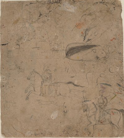 Página de um caderno mostrando governantes a cavalo, javalis e uma cena de palácio, final do século XVIII de Pandit Seu
