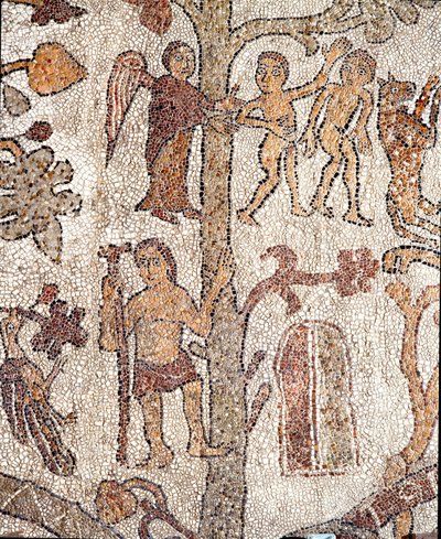 Adão e Eva caçam no Mosaico do Paraíso Terrestre de Pantaleone, sacerdote e mosaista. 1163-1166. Nave central da Catedral de Otranto de Pantaleon