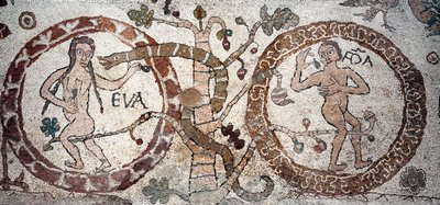 A tentação de Adão e Eva Mosaico de Pantaleone, sacerdote e mosaísta. 1163-1166. Nave central da Catedral de Otranto (Otranto), Itália. de Pantaleon Pantaleon