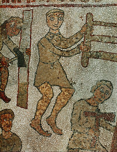 Carpinteiro com uma serra, outro com um machado. Mosaico (mosaico) de Pantaleone Pantaleone