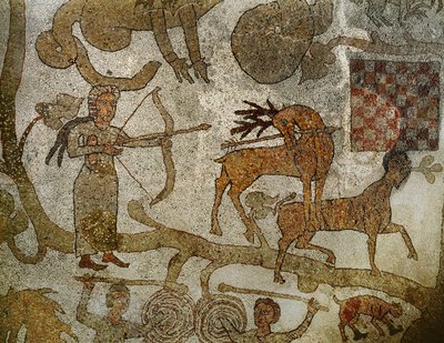 A Deusa Diana matando um veado; do pavimento em mosaico da catedral de Otranto, sul de Itália (mosaico) de Pantaleone Pantaleone