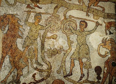 Dois guerreiros em luta. Pavimento em mosaico da catedral de (mosaico) de Pantaleone Pantaleone