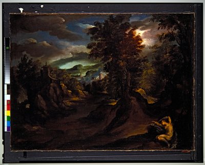 Uma paisagem montanhosa arborizada com Antiope a dormir de Paolo (1540-96) Fiammingo