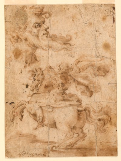 Desenho, A cabeça de um homem barbudo, um homem a cavalo, ca. 1650 de Paolo Emilio Besenzi