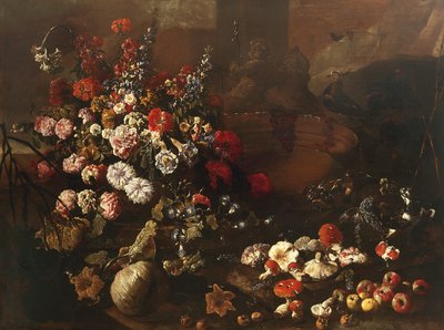 Natureza Morta com Flores, Frutas, Cogumelos e Aves (óleo sobre tela) de Paolo Porpora