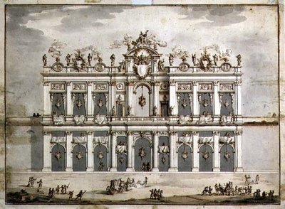 Desenho de uma fachada, provavelmente para a "Festa da China" de 1766 (caneta e tinta castanha e lavagem em papel) de Paolo Posi