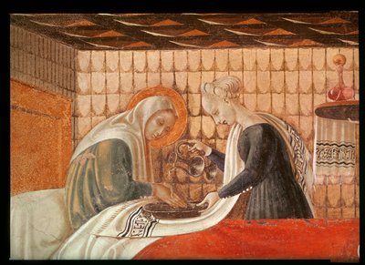 Nascimento da Virgem, detalhe de Santa Ana e um atendente, 1440 afrescos ver também 85549 de Paolo Uccello