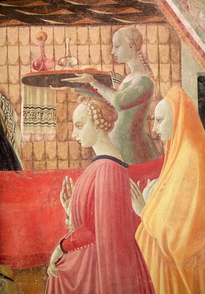 Nascimento da Virgem, detalhe de um servo e dois atendentes, 1440 afrescos ver também 85550 de Paolo Uccello