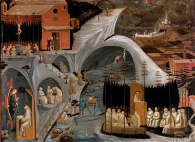 Cena de vida eremita ou Thebaide (deserto da Síria ou eremita de São Jerônimo): representação de cenas da vida de monges e santos, à esquerda no fundo, a virgem aparece a São Bernardo de Clairvaux (São Bernardo de Chiaravalle), São de Paolo Uccello