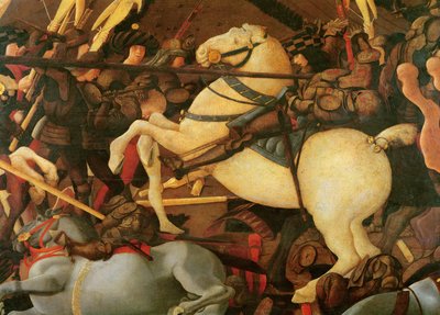 A Batalha de San Romano, detalhe de Bernardino della Ciarda, em seu cavalo, c.1456, têmpera no painel de Paolo Uccello