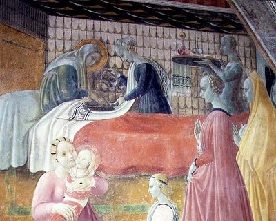 O nascimento da Virgem, detalhe do ciclo As Vidas da Virgem e Santo Estêvão, da Cappella dell "Assunta de Paolo Uccello