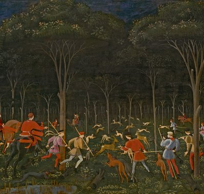 A caça na floresta, c.1465-70 óleo no detalhe do painel de 100861 de Paolo Uccello