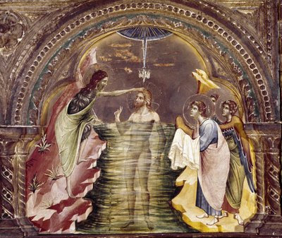 O batismo de Jesus, detalhe do políptico de Santa Chiara. (óleo sobre madeira, cerca de 1350) de Paolo Veneziano